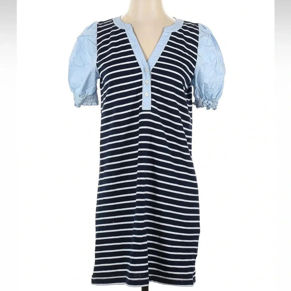 Ann Taylor LOFT Striped Mixed Media V-Neck Cotton Shift Dress Size Small S - Picture 3 of 7